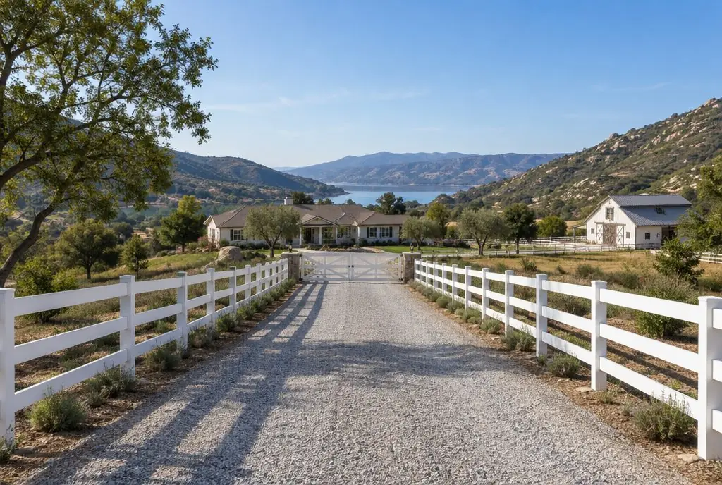 Typical Castaic backyard with a white vinyl fence