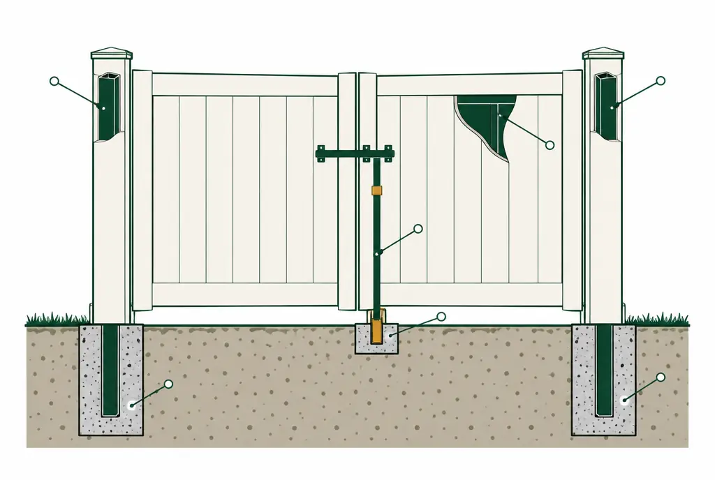 Diagram: a two-leaf vinyl drive gate between reinforced posts, a drop rod on one leaf seated into a ground sleeve in a small concrete pad, a latch bar joining the leaves, cutaways showing metal inside the posts and the gate frames