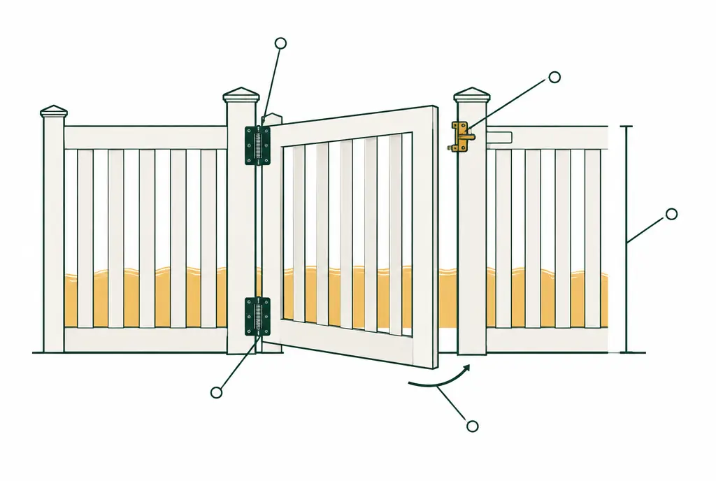 Diagram: a vinyl pool gate in a picket fence with spring hinges, the gate swinging outward away from the pool, a latch mounted high on the pool side and a vertical dimension bracket from grade to the latch