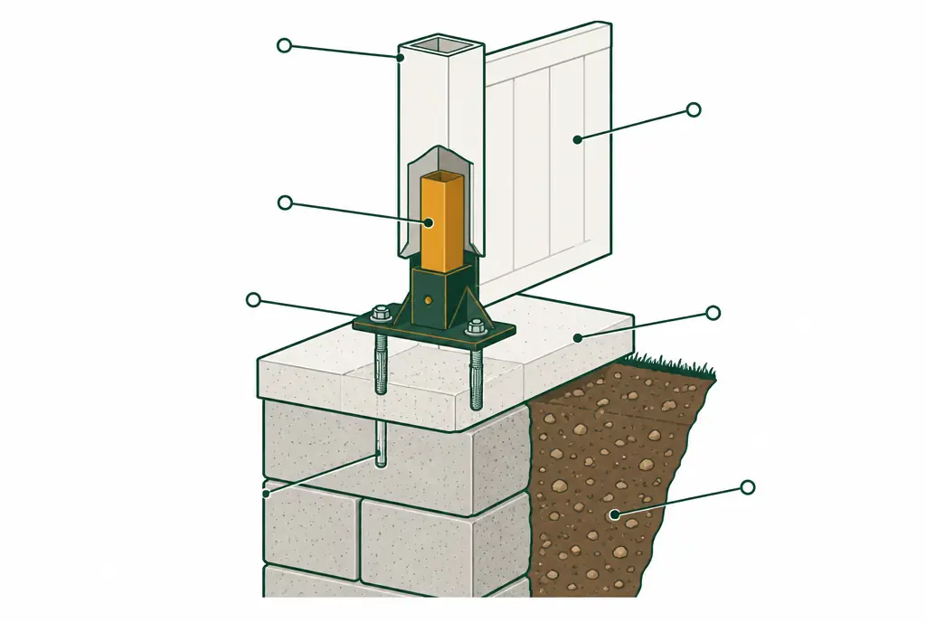 Diagram: cross-section of a block retaining wall with a vinyl fence post standing on a steel base bracket bolted into the wall cap, the post sleeved over the bracket, a privacy panel above