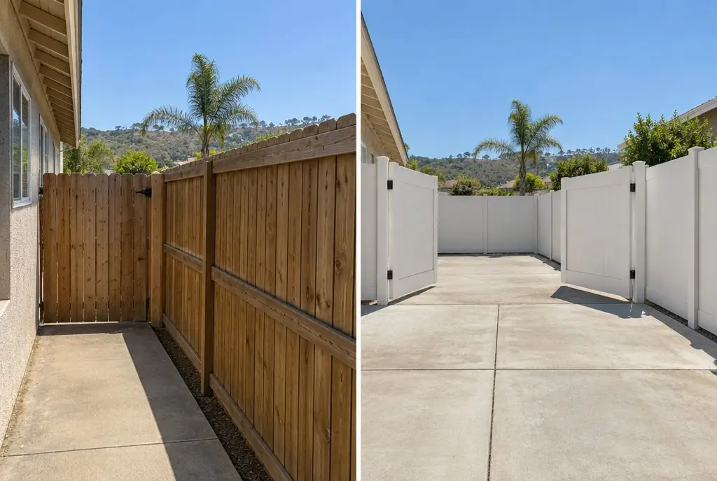 Illustration: split view of a Newhall side yard, a narrow wood gate and a wood fence along a driveway on the left and a wide white vinyl double drive gate standing open to a concrete pad with privacy fence either side on the right