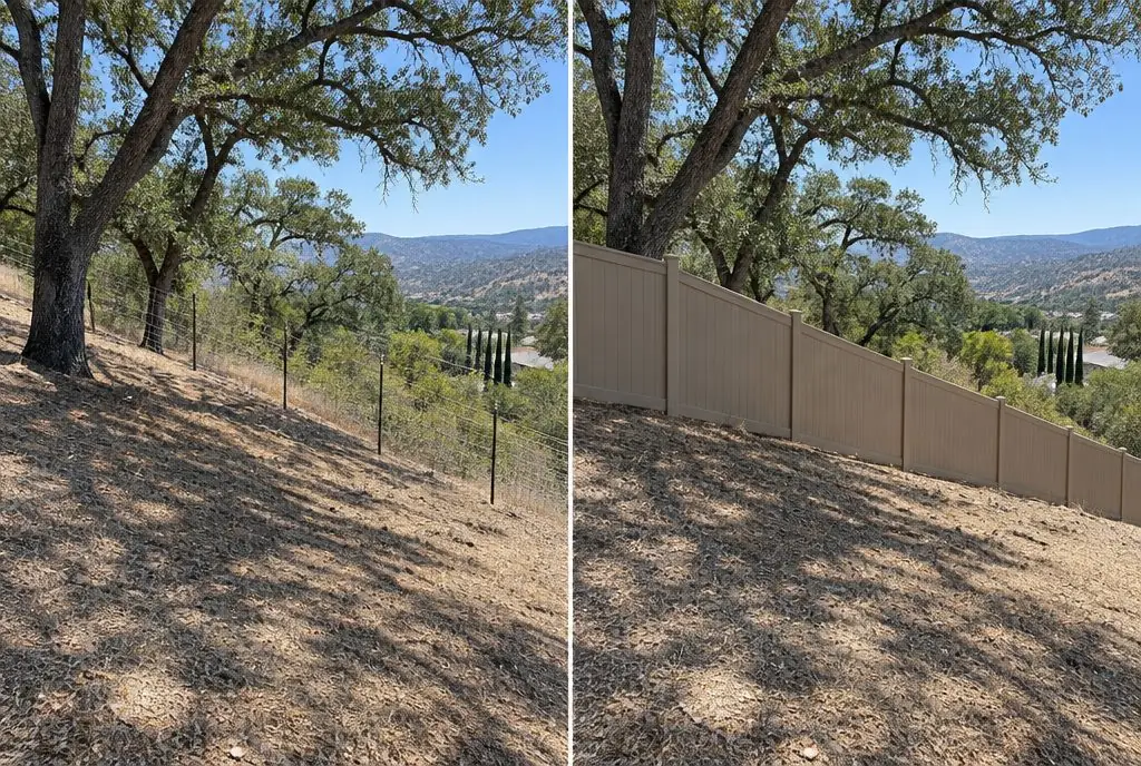 Illustration: split view of a rural Val Verde hillside lot, bare sloping ground with oak trees and a wire fence on the left and a tan woodgrain vinyl privacy fence following the slope along the same line on the right