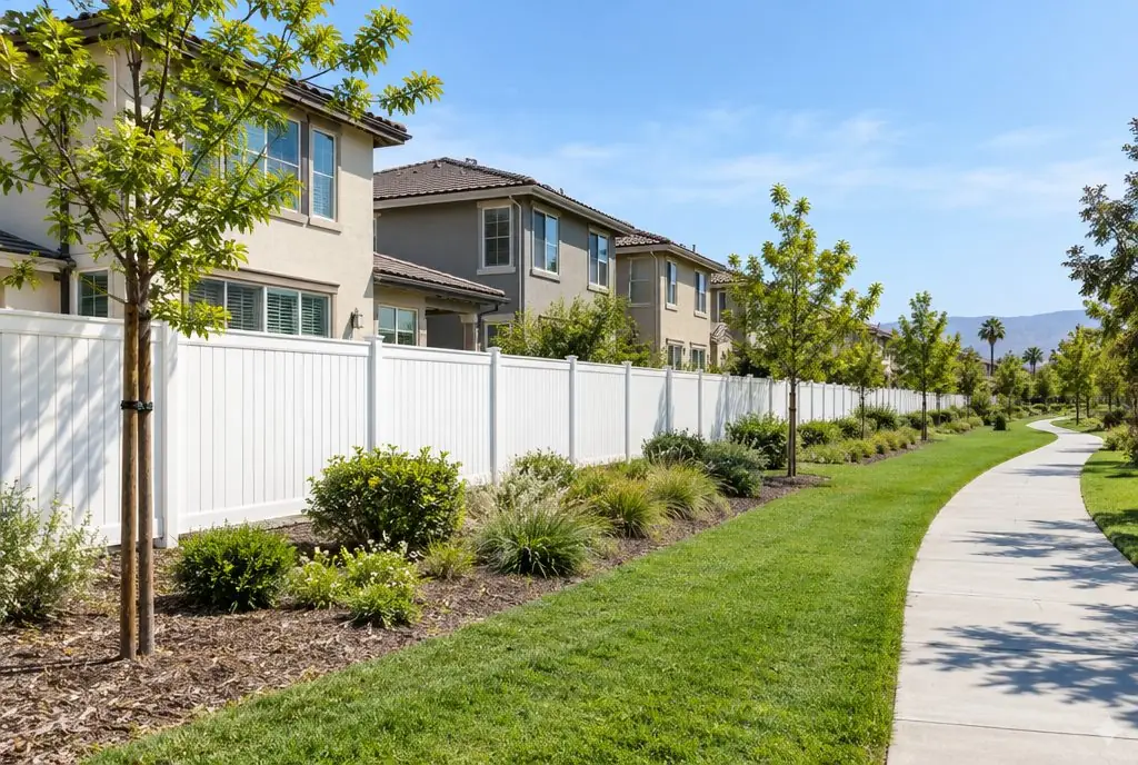 Illustration: a long white vinyl fence along a landscaped community greenbelt and walking path in a Santa Clarita planned community