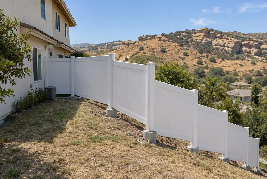 Typical Saugus backyard with a white vinyl fence