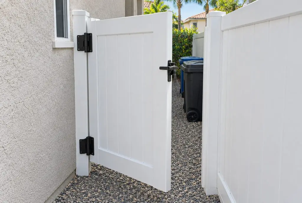 Illustration: a white vinyl side-yard gate with black hinges and latch between a stucco house and a privacy fence